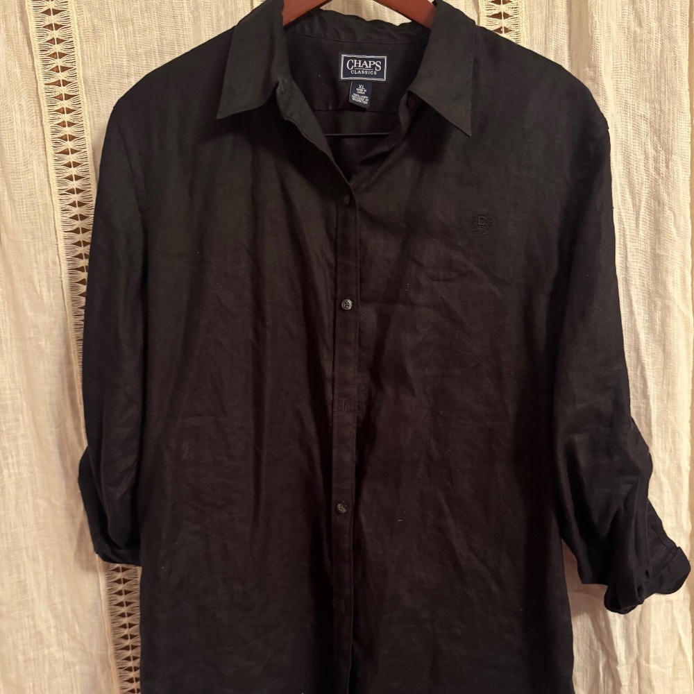 Chaps Classics 100% Linen Button up Black Shirt with 3/4 qt. Sleeves Size XL NWT